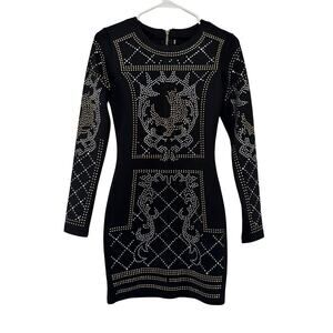 Miss Ord Women's Black Long Sleeve Bodycon Gold Silver Embellished Dress Size XS